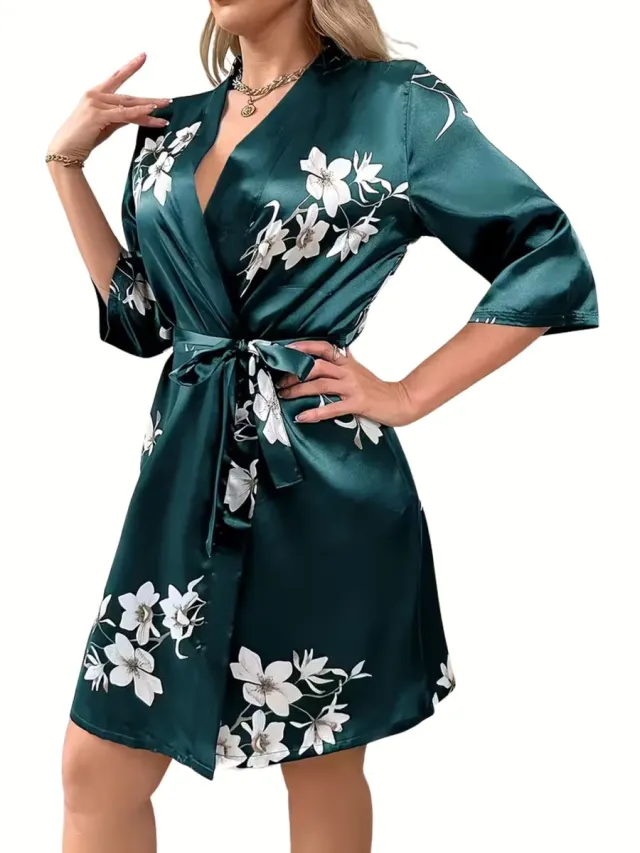 Currero Satijnen Badjas Dames - Kimono - Kamerjas - Satijn - Ochtendjas - Duster - Pyjama - Donkergroen