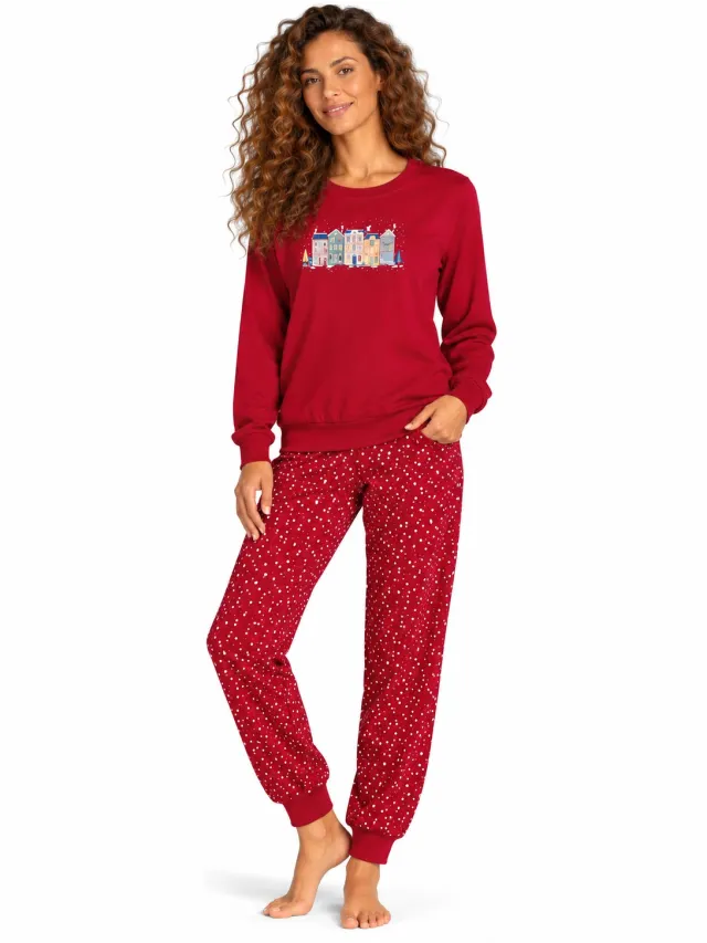 Comtessa Dames pyjama katoen - Rood - Huisjes