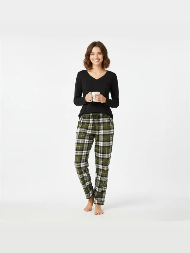 La V La-V pyjamaset voor dames met geruite flanel broek en V hals top Zwart/groen Zwart/ groen