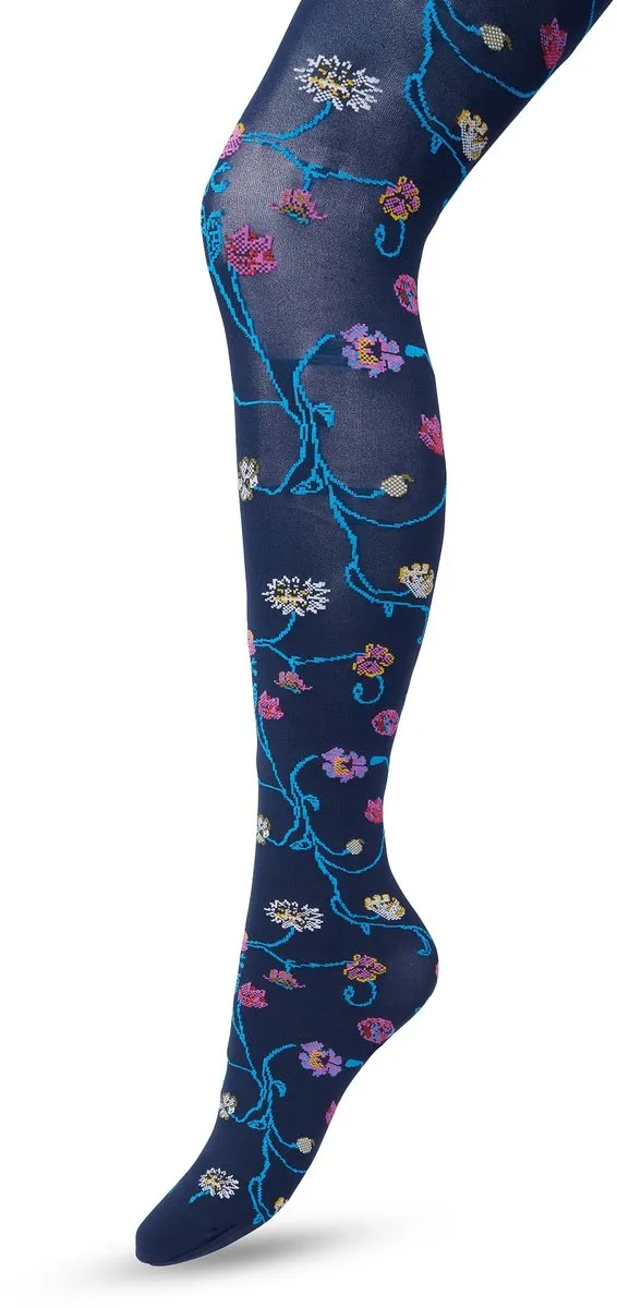 Bonnie Doon Bloemen Panty 80 Denier Donker Blauw Dames - Bloemen Print - Gladde Naden - Maximaal Draagcomfort - Floral Tights - Chique Panty - Feestelijk - Gebloemd - Kleurrijk - Bloemenprint - Donkerblauw - Dark Blue - BP221906.111