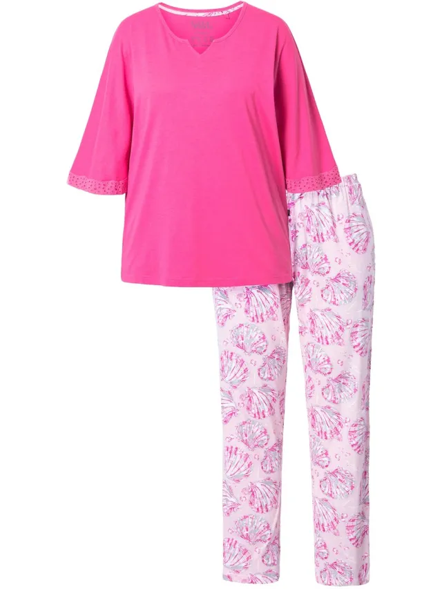 Ulla Popken Dames - Pyjama mosselen tuniekhalslijn halve mouwen - Roze - Maat 46+