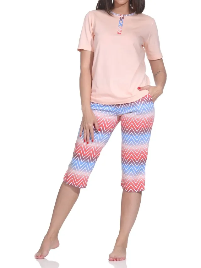 Normann dames capri-pyjama met korte mouwen – modern zigzagdesign – ook in grote maten apricot