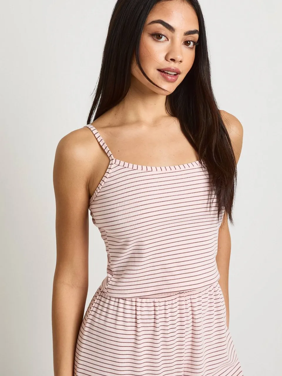 boohoo Dames Zachte Geribbelde Gestreepte Hemdtop & Broek Pyjama Set baby roze, foto 3