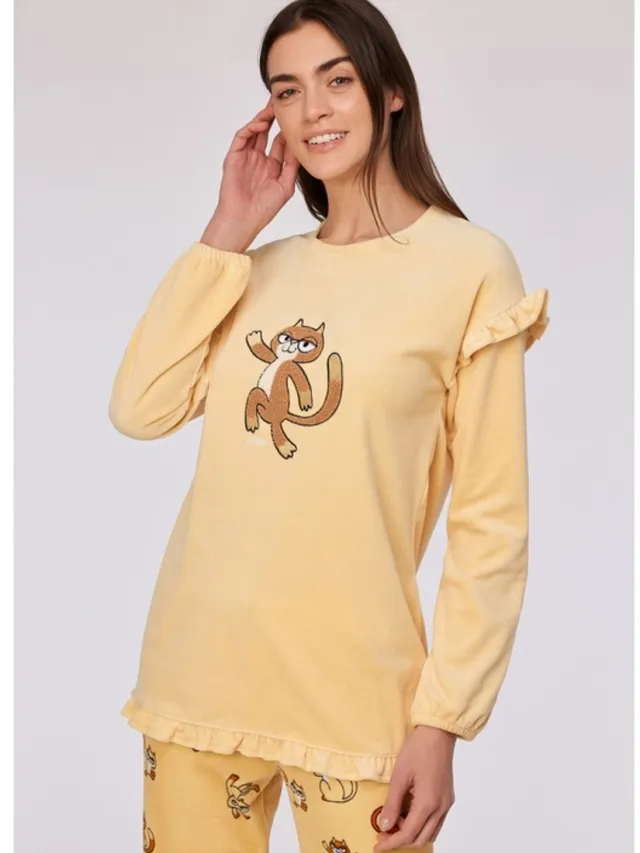 Woody Pyjama dames woody kat velours Geel