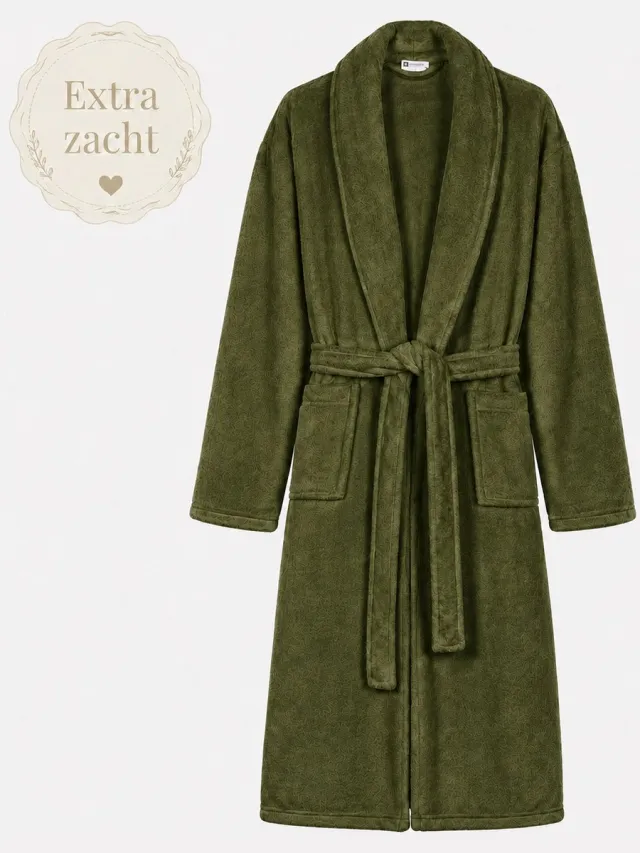 decoware Badjas Olijfgroen XL/XXL – Zachte Polyflanel Badjas – Sjaalkraag, Zakken en Riem - Unisex