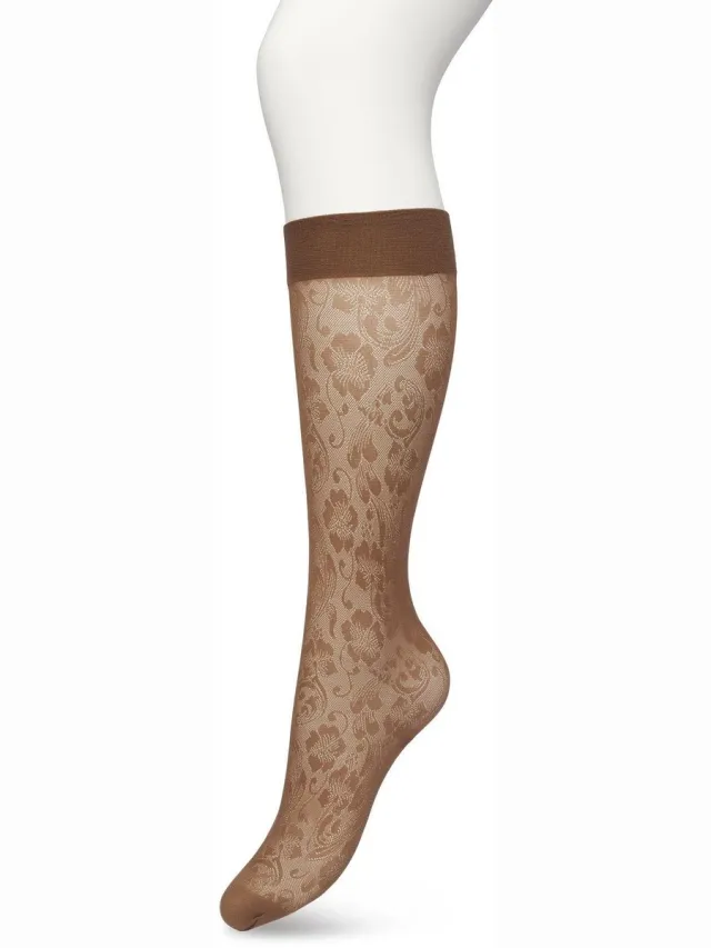 Bonnie Doon Dames Bloemen Panty Kniekousen Donker Bruin - Knie Kousen 20 denier - Gebloemd - Bloemen Print - Uitstekend draagcomfort - Fancy Flower Knee High - Kniesokken - Zakt niet af - OEKO-TEX - Bracken - BP221803.158