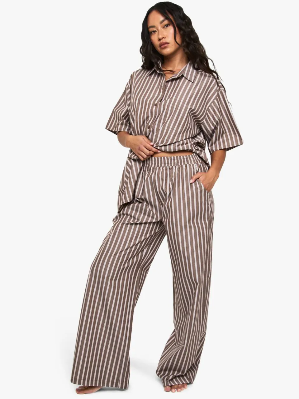 boohoo Dames Katoenen Tonale Gestreepte Pyjamabroek chocoladebruin, foto 3