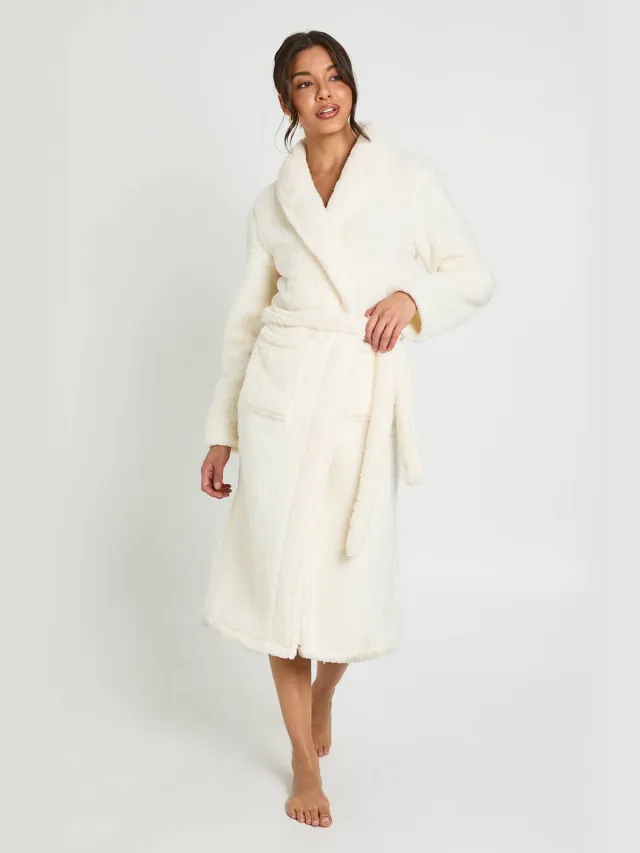 boohoo Dames Sherpa Fleece Lange Ochtendjas Crème