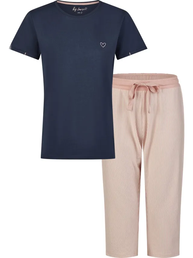By Louise Essential Dames Capri Pyjama Driekwart Gestreept Blauw Blue