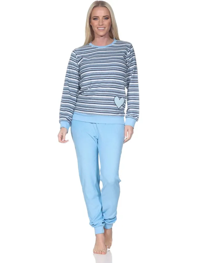 Normann dames badstof pyjama met manchetten, pyjama met hartmotief – ook in grote maten blau