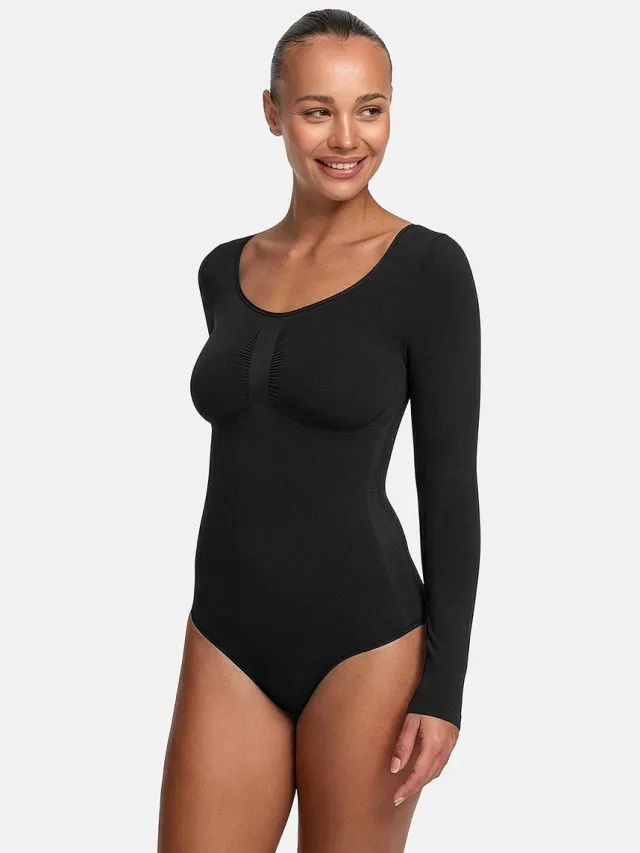 cfab Bodysuit met corrigerende werking, lange mouwen en bijpassend slipje - Zwart