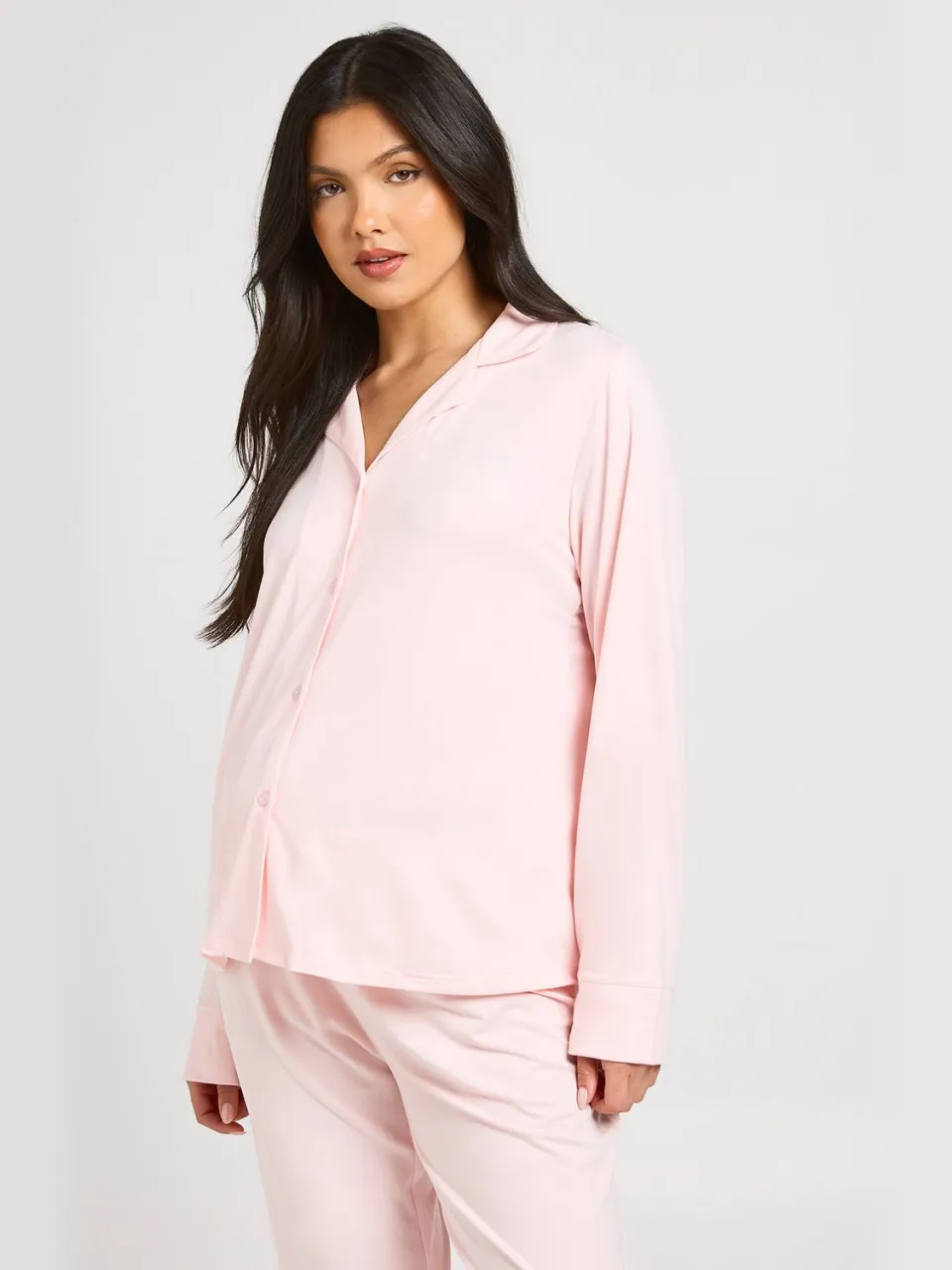boohoo Dames Zwangerschaps Pyjama Set Van Zacht Katoen Met Knoopsluiting Shirt En Broek lichtroze, foto 4