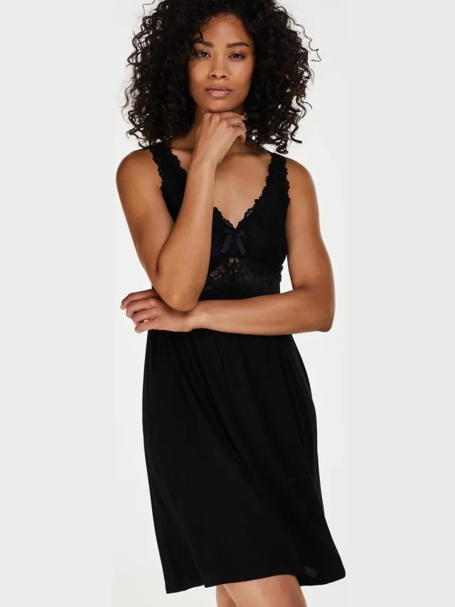 Hunkemöller maat 2XL Korte slipdress Negligé Modal lace - zwart