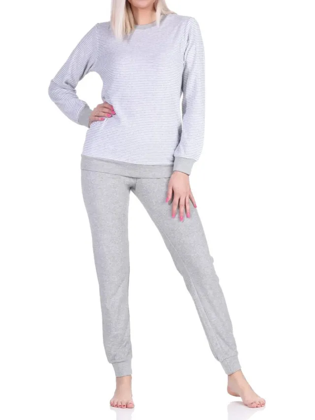 Normann damespyjama badstof met lange mouwen en manchetten - pyjama ook in oversize grau