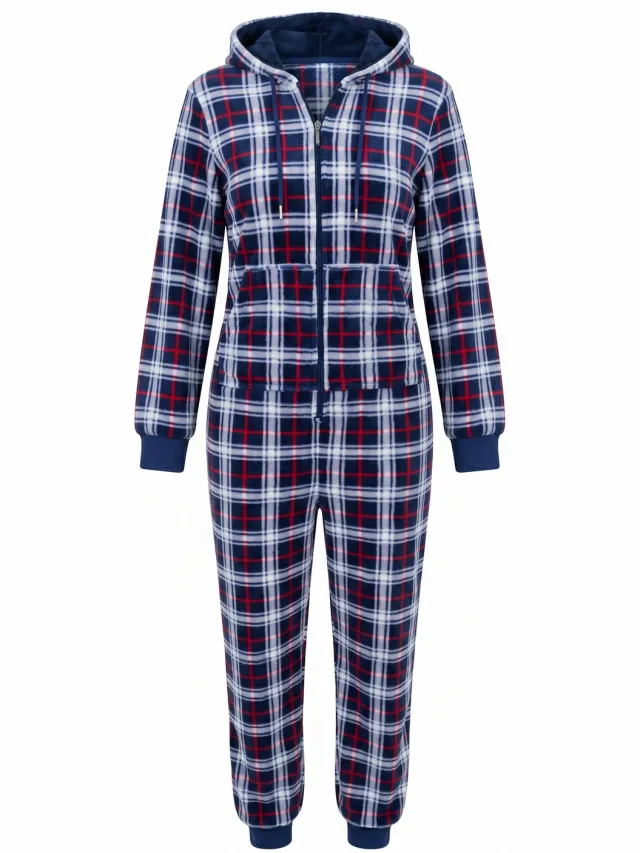 Ulla Popken Dames - Homewear overall pluche ruiten capuchon lange mouwen - Nachtblauw - Maat 50+