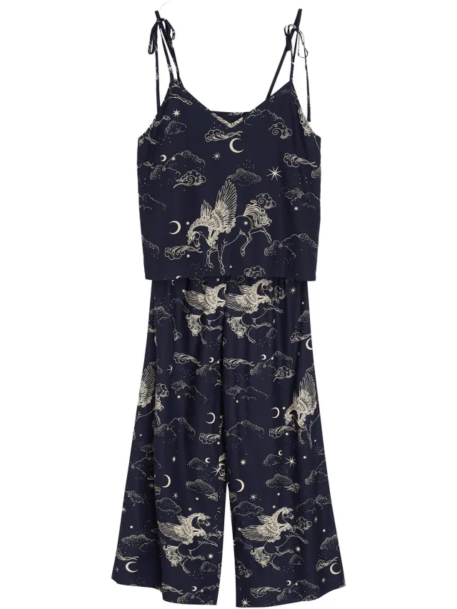 ESOTIQ Crispella-serie - Damespyjamaset - Marineblauw - 100% viscose Marineblauw;Lichtgeel
