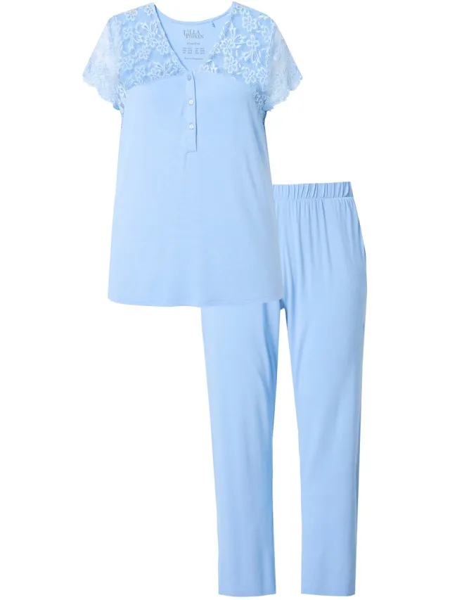 Ulla Popken Dames - Pyjama kant V-hals halflange mouw van kant - Lichtblauw - Maat 58+