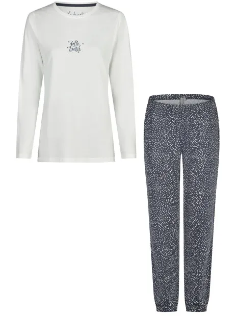 By Louise Dames pyjama set lang katoen donkerblauw/wit gestipt, foto 2