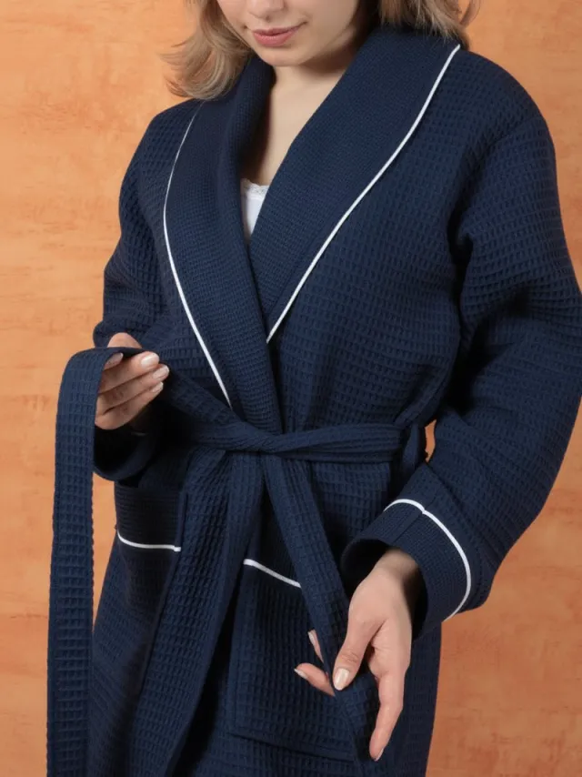 Betully ® - Unisex Wafelbadjas - Badjas van 100% Turks katoen - Wafelbadjas voor dames en heren - XXL maat - Kamerjas - Sjaalkraag - Badjas voor dames - Badjas voor heren-Navy