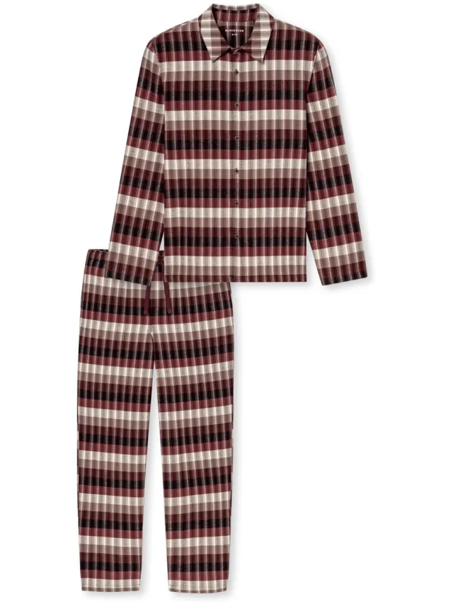 Schiesser Selected Premium Warming lange pyjama van flanel met kaneelgeruit ruitjespatroon - cinnamon dessin Bruin