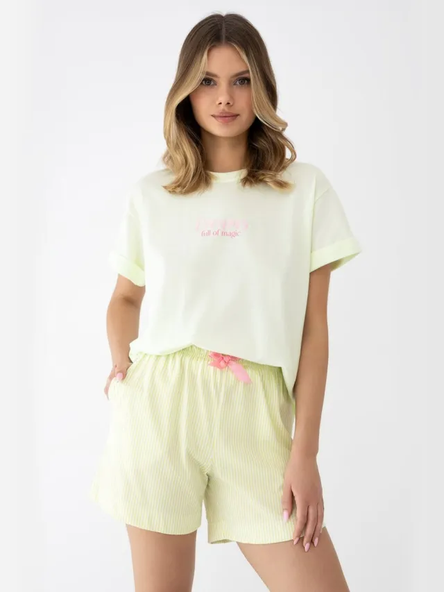 S& Sensis Sensis Katoenen Shortama Pyjama Dames Print Strikje Gestreepte Short Limoen Groen SAVANNA 38 /