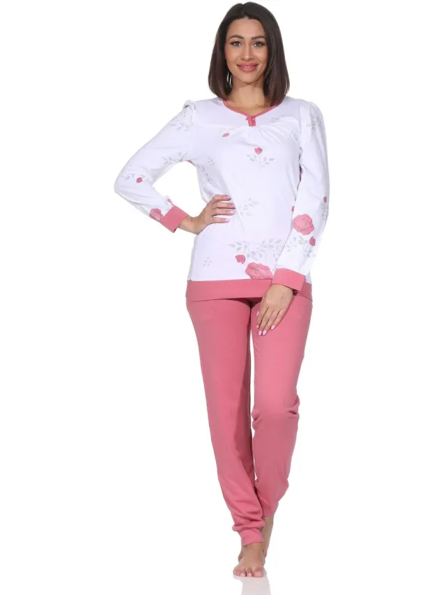 Normann damespyjama met lange mouwen en manchetten in klassieke look rosa