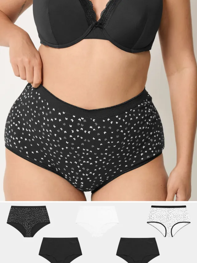 Yours 5Pack Zwarte Maxislips Met Kleine Vlinderprint En Hoge Taille-44 Black
