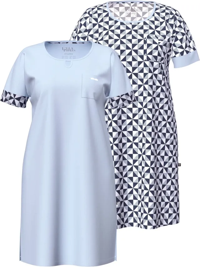 Ulla Popken Dames - Bigshirts set van 2 ruit ronde hals korte mouw - Lichtblauw - Maat 50+