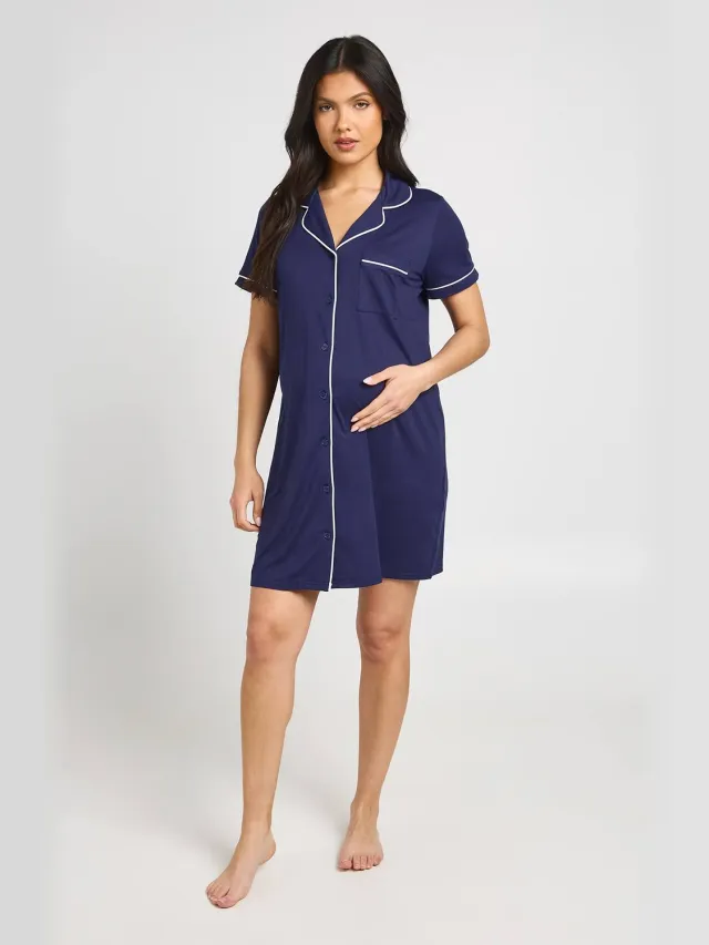 boohoo Dames Zwangerschapsnachthemd Met Korte Mouwen En Paspeldetail Marineblauw