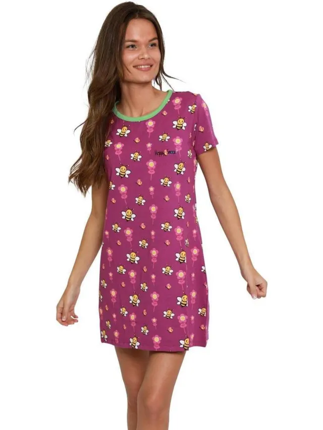 Happy Snooz Happy Pyjama's | Dames nachthemd korte mouw | Summer Nature - bijen & bloemen prints | Vrolijk, hip en moderne dames nachthemde | Maat S (S-XL) Paars