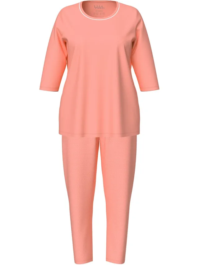 Ulla Popken Dames - Pyjama stippen ronde hals 3/4-mouwen - Koraal - Maat 42+