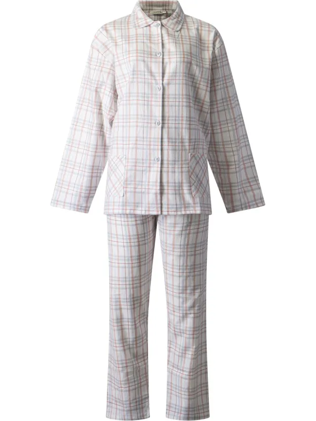 Lunatex klassieke dames pyjama 641776 - flanel - wit met roze