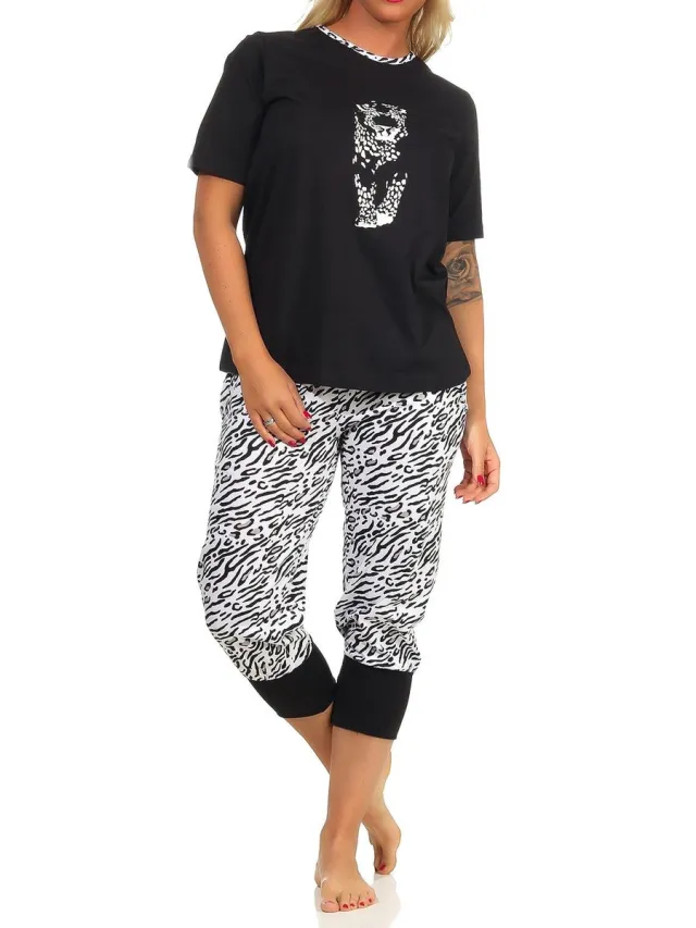 Normann Capri pyjama korte mouw pyjama, capri broek met manchetten, tijger motief, ook in oversized schwarz