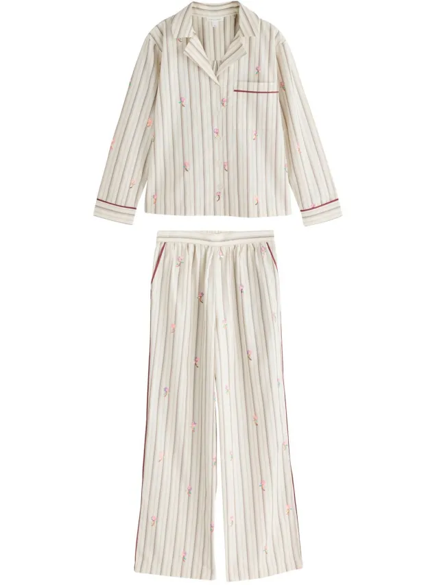 Next Dames - Versierde pyjama met knopen - Crème Neutral Stripe