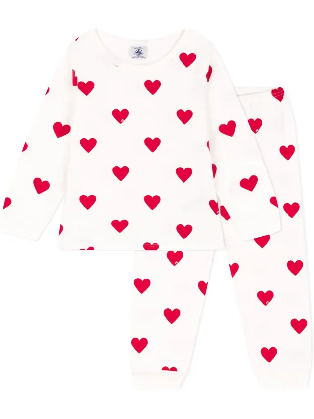 Petit Bateau Kinderpyjama van fleece met hartjesprint Wit/Rood