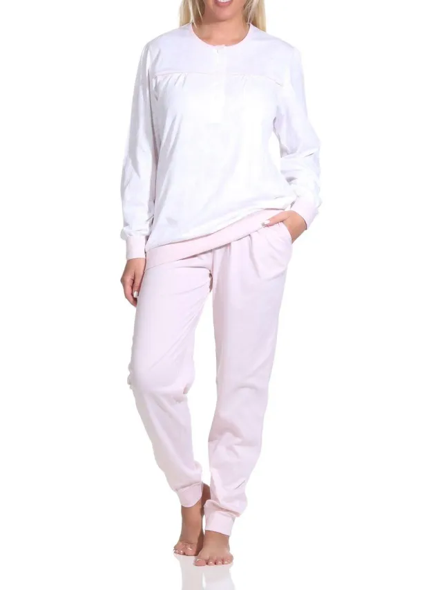 Normann Elegante damespyjama met manchetten in Paysley-dessin en knoopsluiting aan de hals rosa