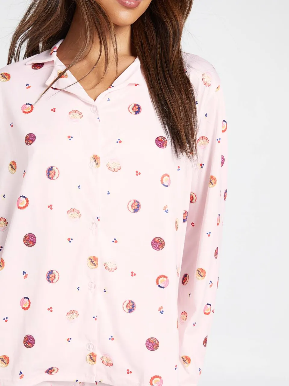 boohoo Dames Pyjama Set Met Acai Bowl Print, Shirt Met Lange Mouwen En Broek baby roze, foto 4