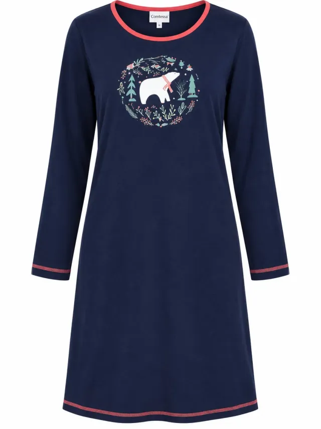 Comtessa Dames - Nachthemd – 100% Katoen – Lange Mouwen – IJsbeer – 95 cm Donkerblauw, ijsbeer