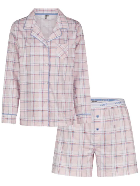 By Louise Dames pyjama set shortama blouse lange mouw roze geruit, foto 2