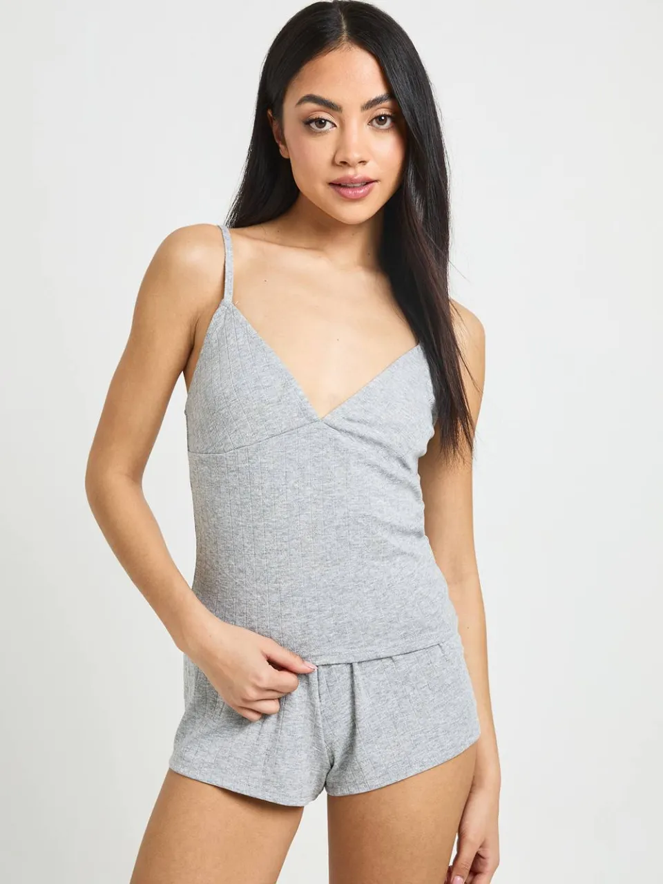 boohoo Dames Pointelle Kanten Rand Hemdje & Korte Broek Pyjama Set grijze mergel, foto 4