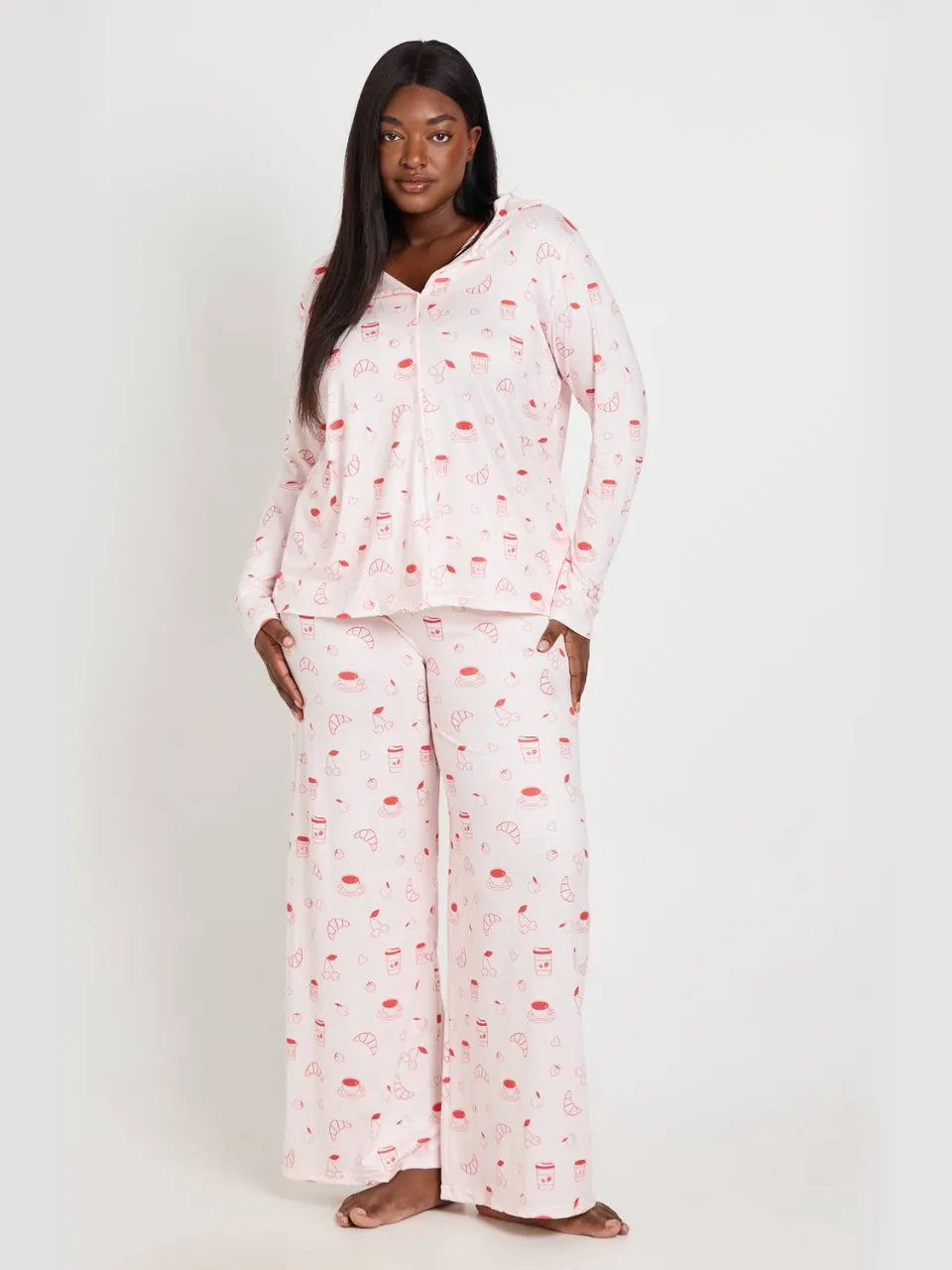 boohoo Dames Plus Croissant En Jam Pyjama Set Met Lange Mouwen En Broek roze, foto 3