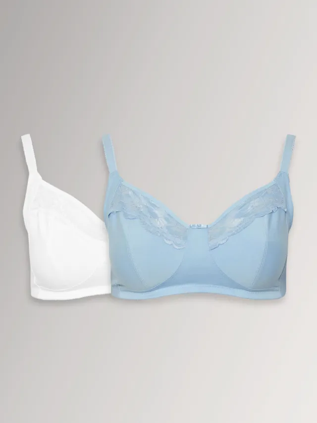 Yours 2 Pack Bralettes Van Katoen Met Kanten Bies In Blauw/Wit, foto 2