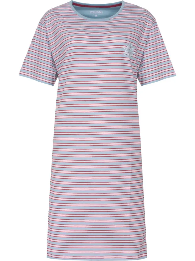 Irresistible Dames Nachthemd - Gestreept - Korte Mouwen - Licht Blauw