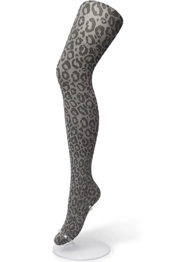 Bonnie Doon Dames Panterprint Panty 100 Denier Grijs - Chique Panty - Leopard Dessin - Brede Boord - Comfort - Panter Print - Jaguar - Dieren Print - Jaguar Tights - Feestelijk - Grey - BP211904.235