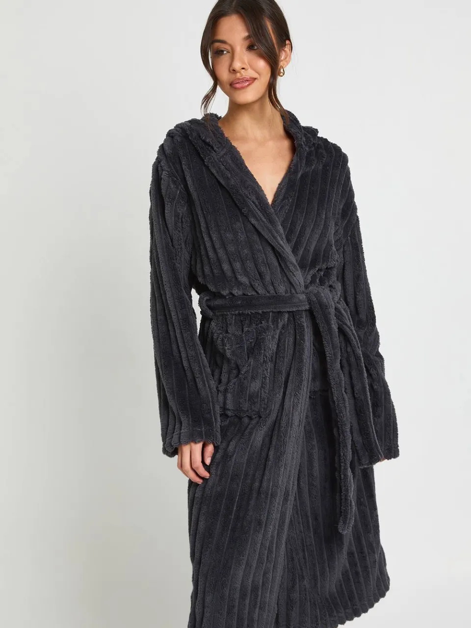 boohoo Dames Geribbelde Fleece Kamerjas Met Capuchon houtskool, foto 3