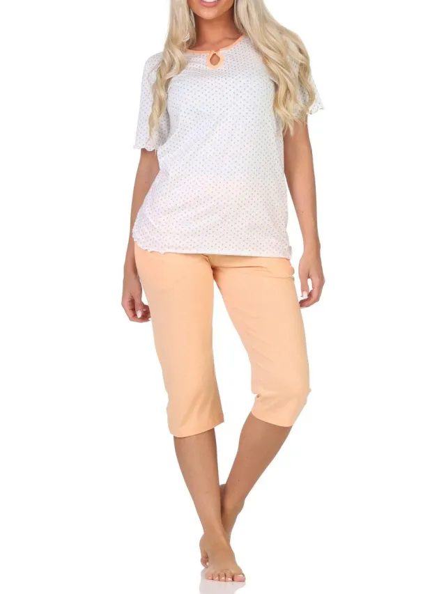 Normann dames capri pyjama met korte mouwen in stippenlook - ook in grote maten apricot