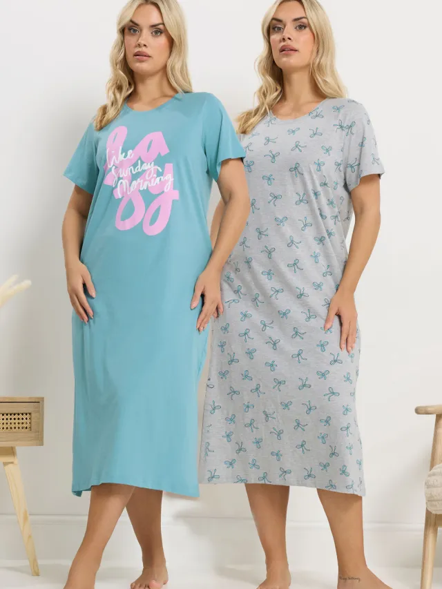 Yours Set Van 2 Blauwe Midaxinachthemden 'Lazy Like Sunday Morning'-52 Blue