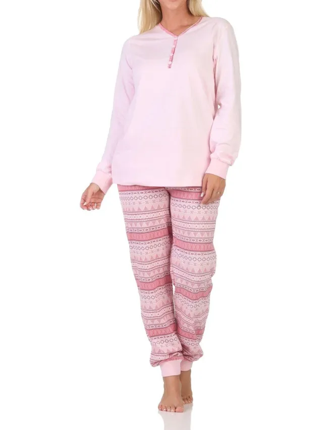 Normann damespyjama met lange mouwen en manchetten in Ethnolook - Ook in oversizes rosa