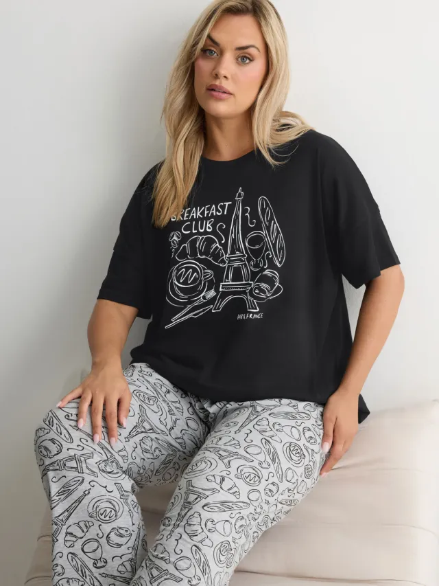 Yours Zwarte Breakfast Club Pyjamaset Met Wijde Pijpen-44 Black