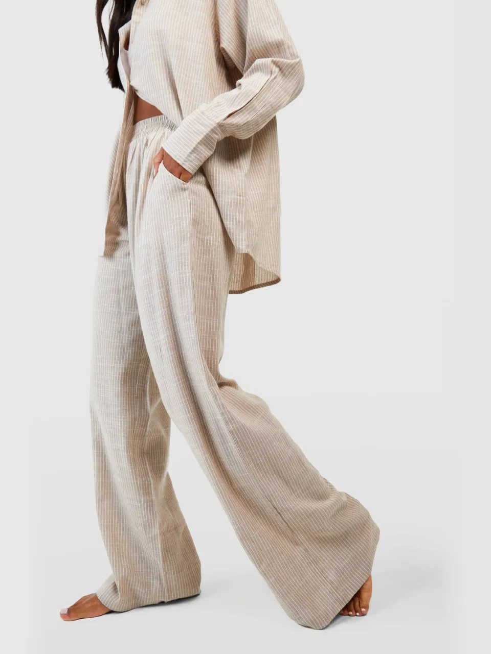 boohoo Dames Katoenen tonale streepjes pyjama broek steen, foto 3